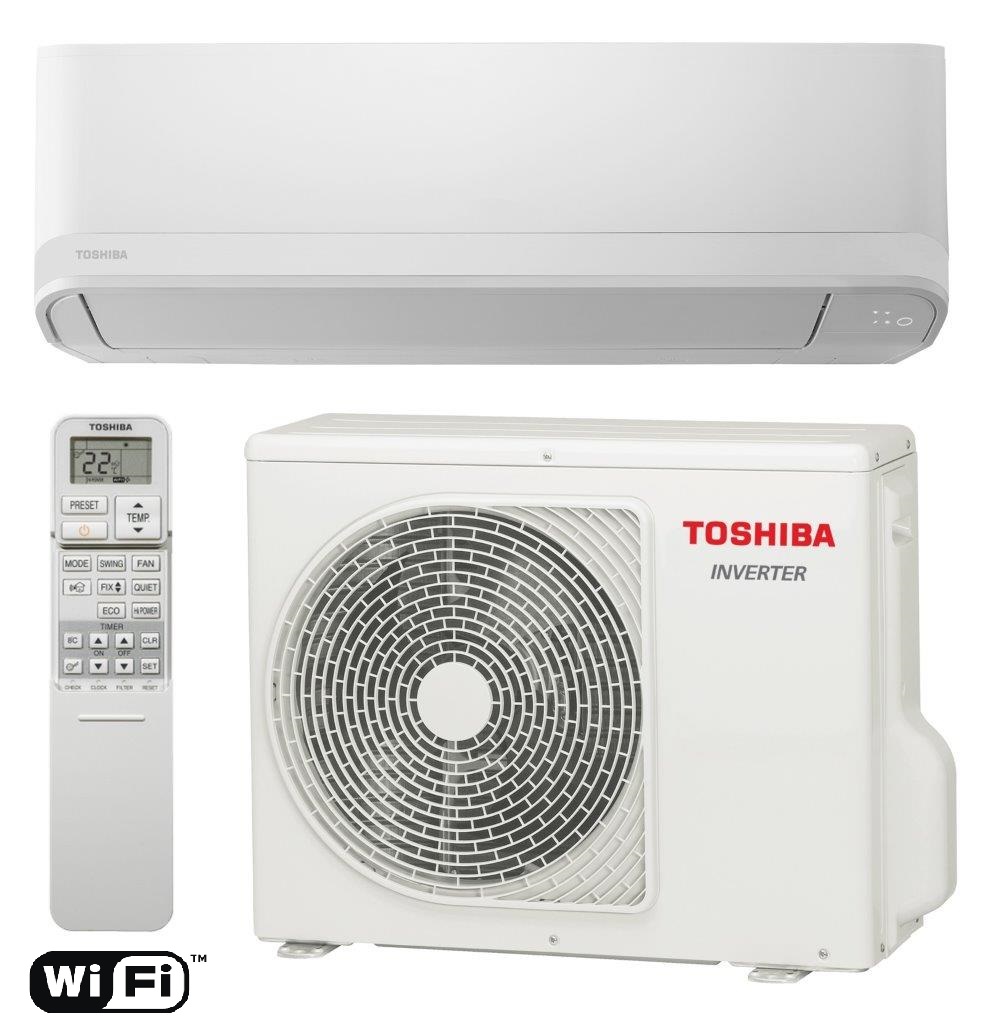 Valkoinen Toshiba-ilmastointilaite, jossa on kaukosäädin ja Wi-Fi-logo, valoisassa ja neutraalissa ympäristössä.