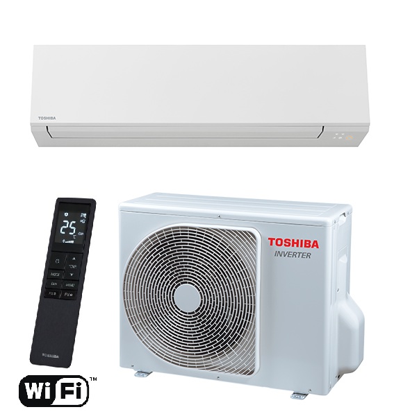 Kuvassa on Toshiba-ilmastointilaite, jossa on valkoinen sisäyksikkö, ulkoyksikkö ja musta kaukosäädin. Alareunassa on Wi-Fi-logo. Valo on kirkas ja tasainen.