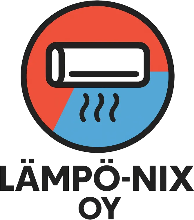 Punaisella ja sinisellä ympyrällä varustettu Lämpö-Nix Oy:n logo, jossa on ilmastointilaite ja lämpöaallot.